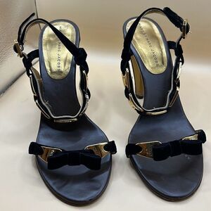 Marc by Marc Jacobs Women's 40 Navy Velvet Bow Strap Heel Sandals Gold Hardwear